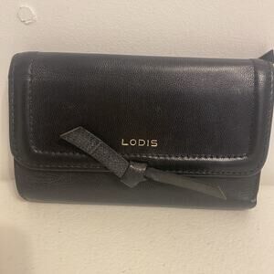 VTG MCM Lodis Geunine Leather Wallet Cards Holder Bi-Fold Black Snap Gold Logo